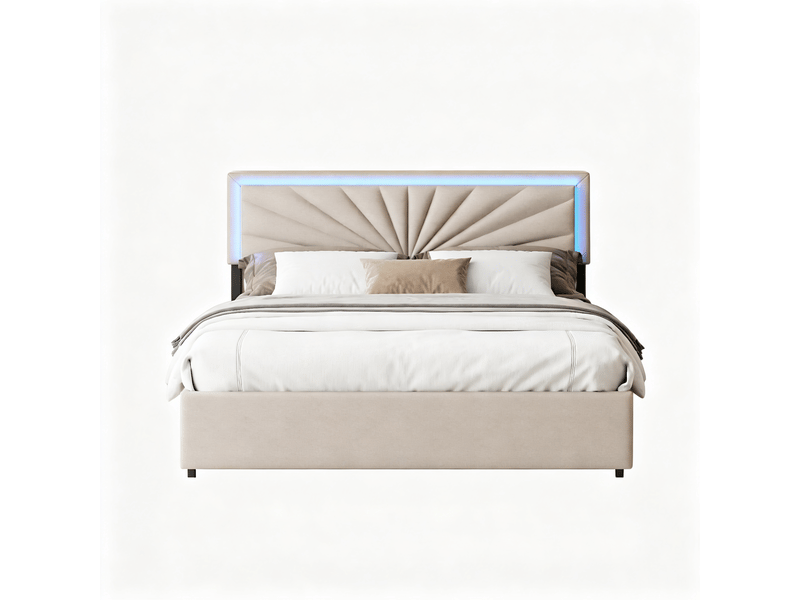  Cadre de lit adulte 160x200 cm avec tête de lit led réglable et 4 tiroirs - sommier à lattes, lin beige, structure renforcée 300 kg  - Conforama W