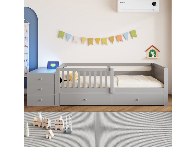  Lit enfant 90 x 200 cm avec rangements, fonction bureau, prise et éclairage led, gris  - Conforama D