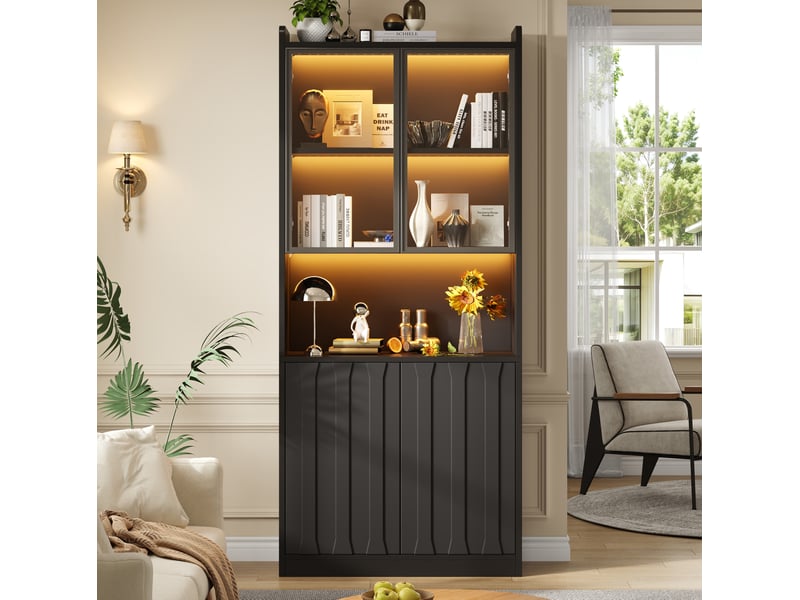 Vitrine haute avec 4 portes, led bluetooth, 5 compartiments et étagères réglables, noir, 80 × 35 × 200 cm - Conforama C