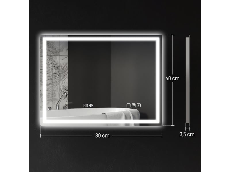  Miroir de salle de bain led 80x60 cm, miroir mural avec enceinte bluetooth et horloge, anti-buée, 3 couleurs réglables, ip44, argent  - Conforama C