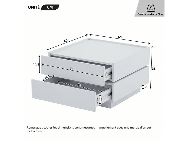  Table basse blanche pivotante à 360° avec deux tiroirs, carrée 60 x 60 x 38 cm  - Conforama E