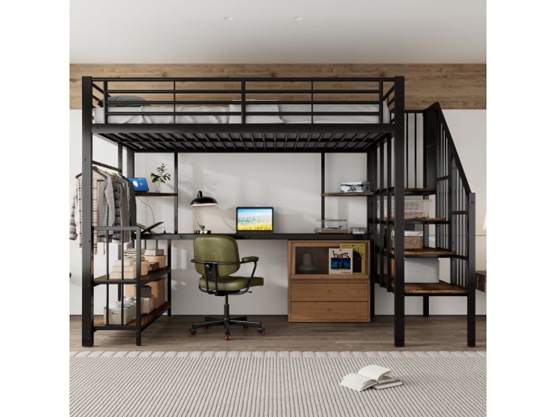 Lit mezzanine fer et mdf noir 120x200 cm – échelle latérale, rambarde, prise de charge élevée, penderie et étagères - Conforama D