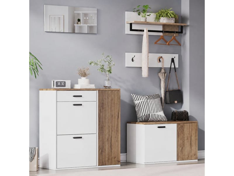  Ensemble meuble d’entrée 5 pièces, banc, miroir et 4 crochets, blanc et bois  - Conforama C