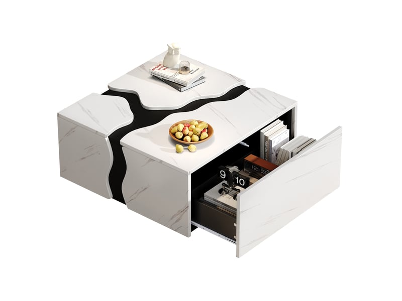  Table basse géométrique 70x70x31 cm blanche effet marbre avec 1 tiroir  - Conforama A