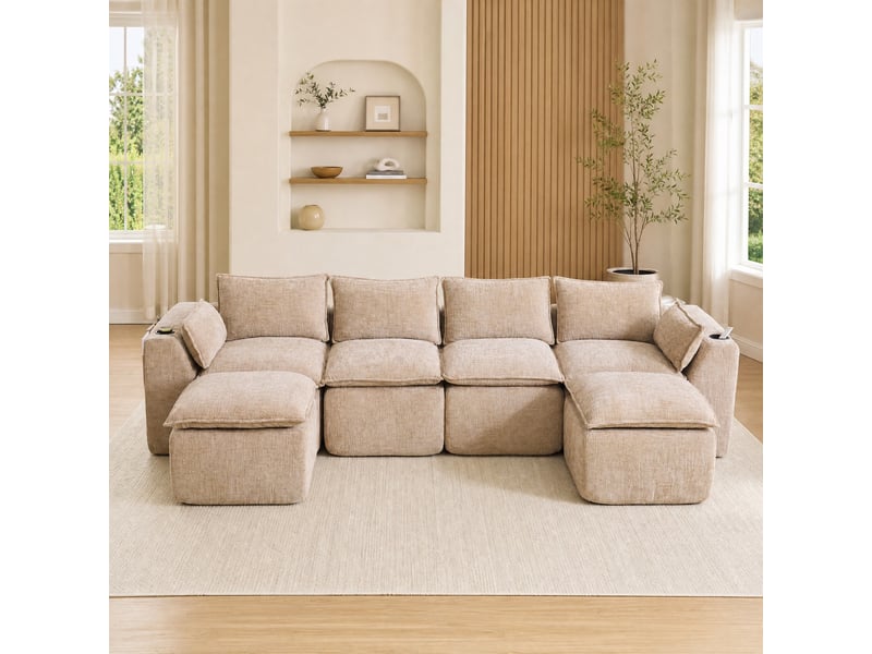  Canapé modulable 4 places en chenille kaki avec 2 poufs et porte-boissons  - Conforama B