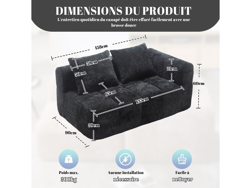 Canapé droit 2 places en chenille noire 158x90x60 cm, avec coussin et poches latérales, sans montage 158x90x60cm - Conforama C