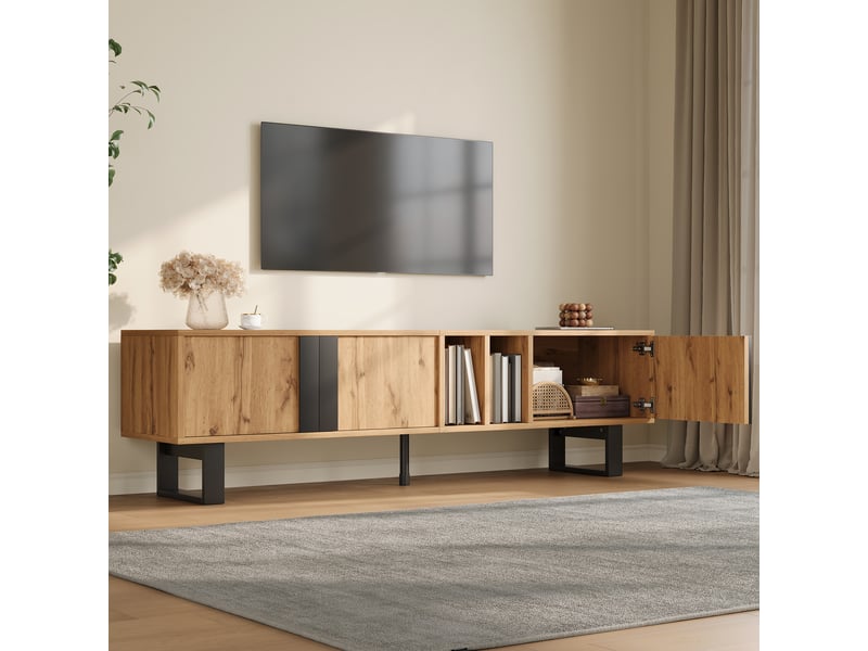  Meuble tv 160x40x50 cm - 3 portes, 2 compartiments séparés, niches ouvertes, passe-câbles, charnières amorties, pieds en fer noir  - Conforama D