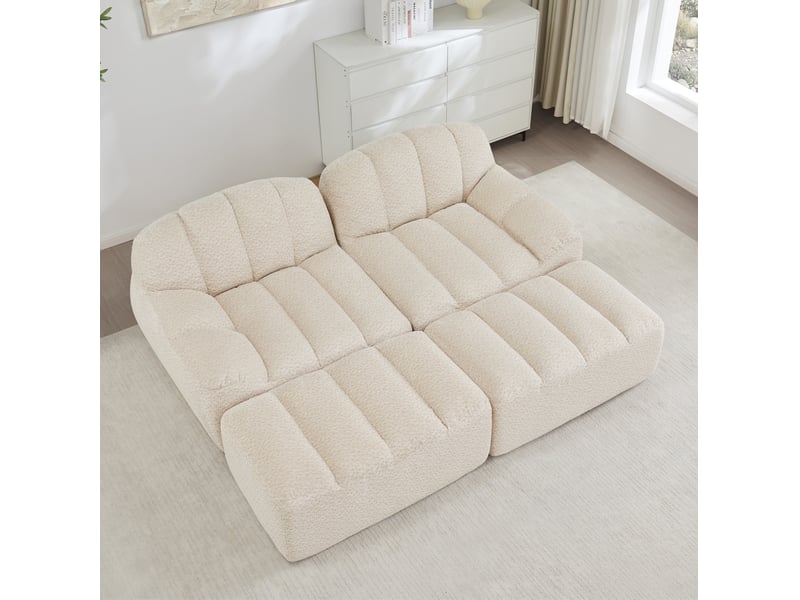  Canapé modulaire 2 places avec 2 ottomans en fleece granulé beige et blanc - 210 x 165 x 79 cm  - Conforama C