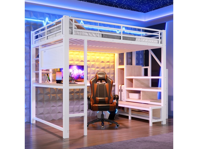  Lit mezzanine 2 places 140×200 cm avec bureau, led, usb et type-c - okmyhome- rangements, sans matelas, blanc  - Conforama B