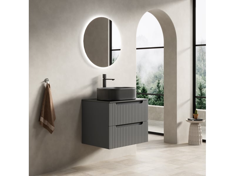  Meuble sous vasque suspendu, lavabo noir ovale, 2 tiroirs à fermeture douce pour salle de bain 60 × 46 × 62,2 cm  - Conforama B