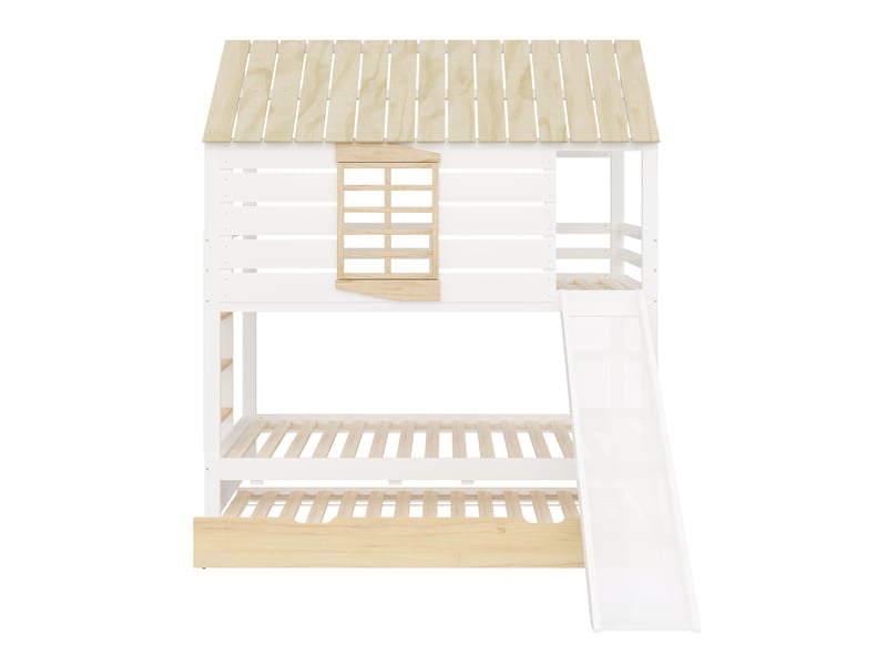 Lit superposé 90x200 cm lit enfant cabane avec toboggan et lit gigogne, bois blanc naturel, sans matelas  - Conforama D