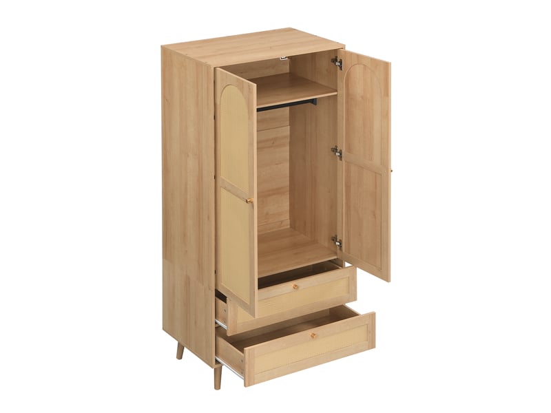  Armoire de chambre - armoire aspect bois naturel, meuble multifonctionnel avec design en rotin, tringle, étagères et 2 tiroirs  - Conforama B