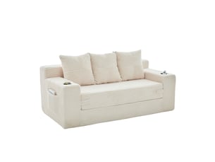 Canapé trois places avec porte-gobelets et poches latérales, design sans cadre, larges assises - beige