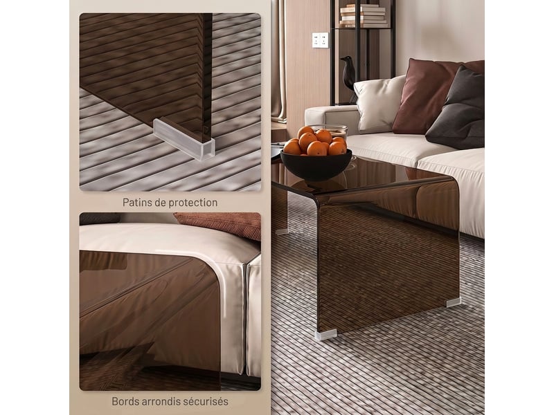  Table basse en verre, table de salon rectangulaire design moderne avec bords arrondis sûrs, marron transparent  - Conforama E