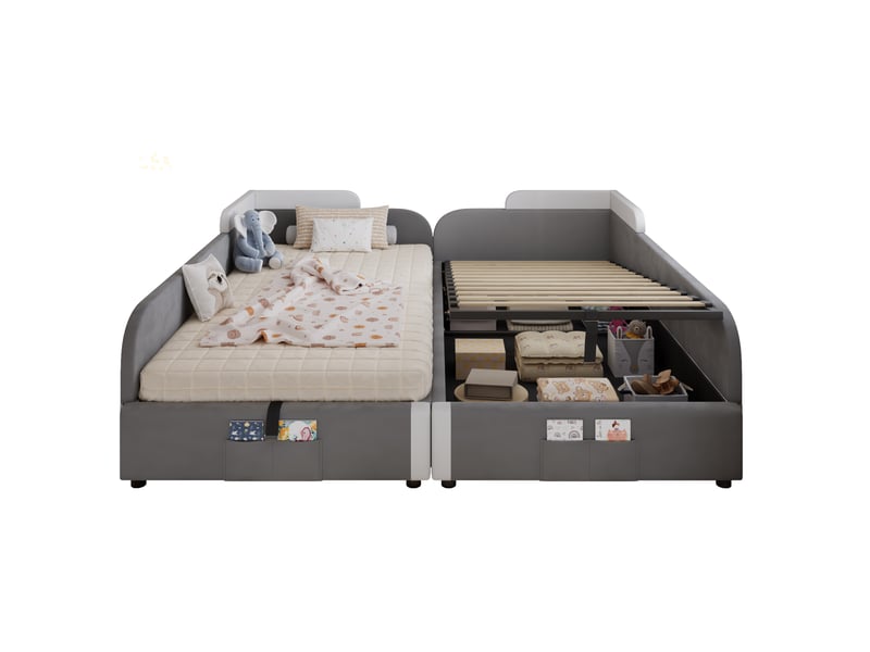  2 lits coffres rembourrés 90x200cm coloris gris velours lit enfant gris - Conforama A