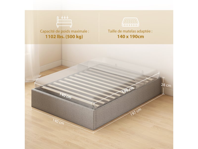  Lit coffre 140 x 190 cm, cadre de lit double rembourré, sommier à lattes en bois, rangement caché, sans bruit, gris  - Conforama C