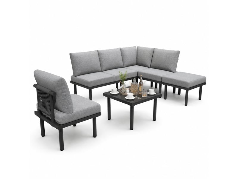 Ensemble détente extérieur 6 pièces avec table basse et coussins en olefin gris - Conforama A