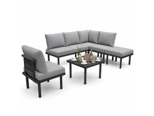 Ensemble détente extérieur 6 pièces avec table basse et coussins en olefin gris