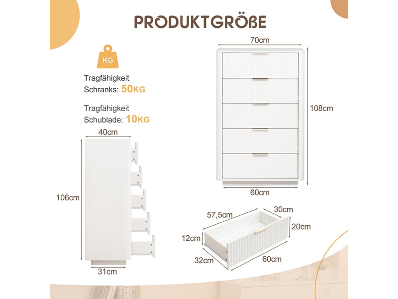  Commode 5 tiroirs à fermeture douce et anti-basculement - lpospi - coins arrondis, poignées métal, mdf blanc  - Conforama D