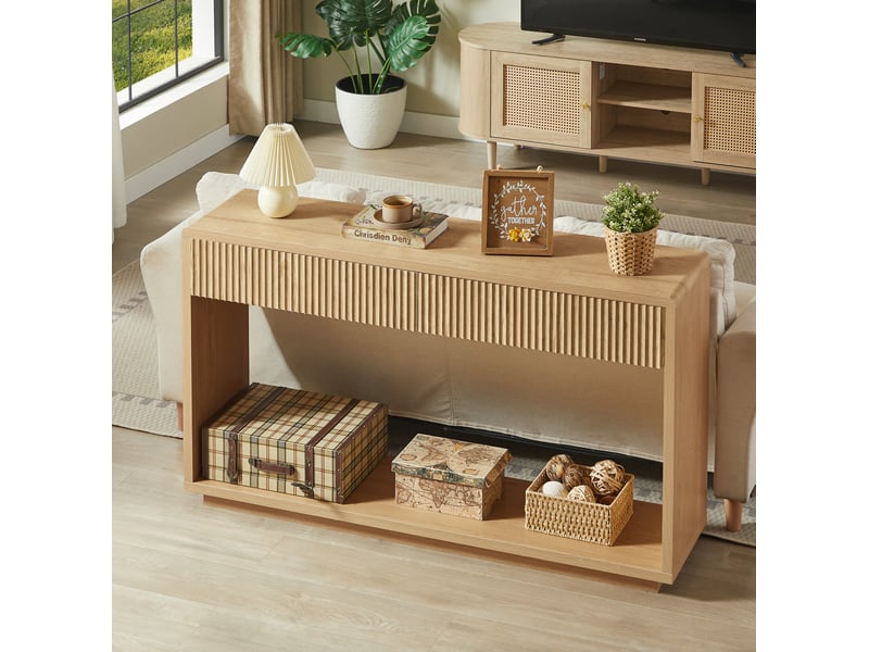  Console avec 2 tiroirs et niche ouverte, façades rainurées, pour entrée et salon, en panneaux, naturel, 150 × 35 × 85 cm  - Conforama C