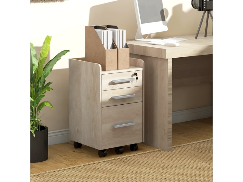  Caisson de bureau rangement bureau sur roulettes 3 tiroirs 1 verrouillable 1 trieur dossiers en bois beige  - Conforama B