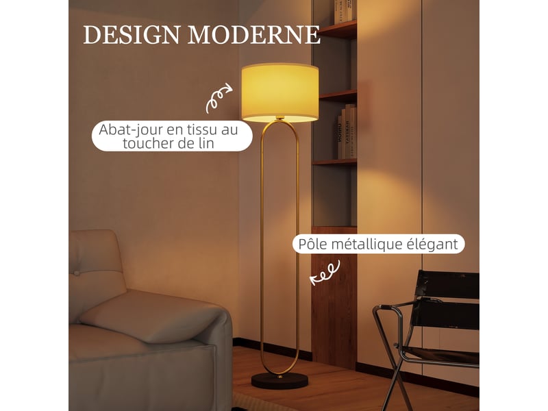 Lampadaire abat-jour en lin douille e27 style interrupteur moderne à pied pour salon et chambre 156 cm doré et noir  - Conforama D