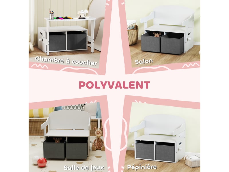  Coffre à jouet enfant 3 en 1, ensemble table et chaises avec 2 bacs en tissu amovibles, blanc, 67,5 x 46,5 x 56,7 cm  - Conforama R