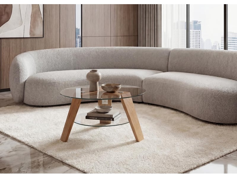 Table basse mca hwc-p59, table d'appoint, table basse, table de salon, bois massif, verre rond ø 75 cm, chêne  - Conforama B