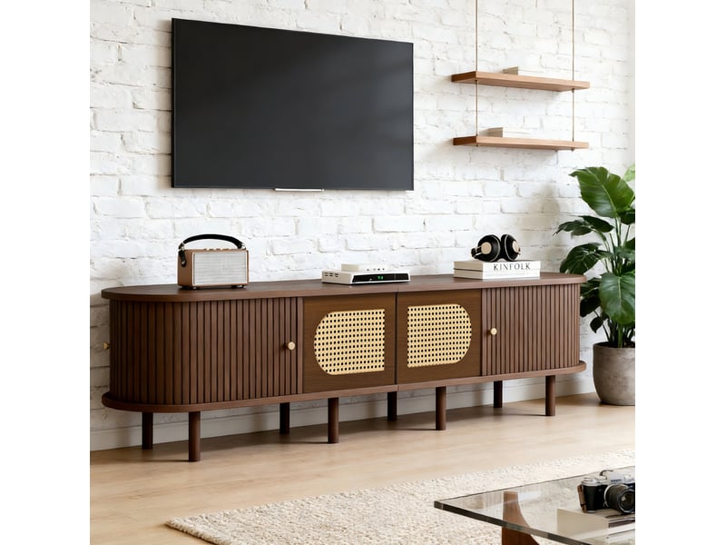  Meuble tv meuble rangement 180 x 40 x 40 cm mdf chene fonce style rotin salon homvra  - Conforama D