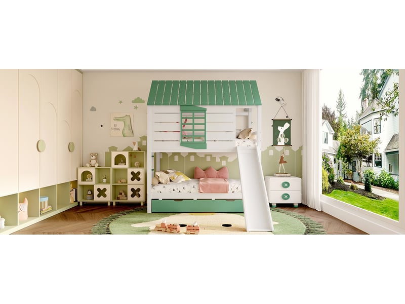  Lit superposé cabane 2 × 90 × 200 cm, toboggan et lit gigogne, blanc et vert  - Conforama B