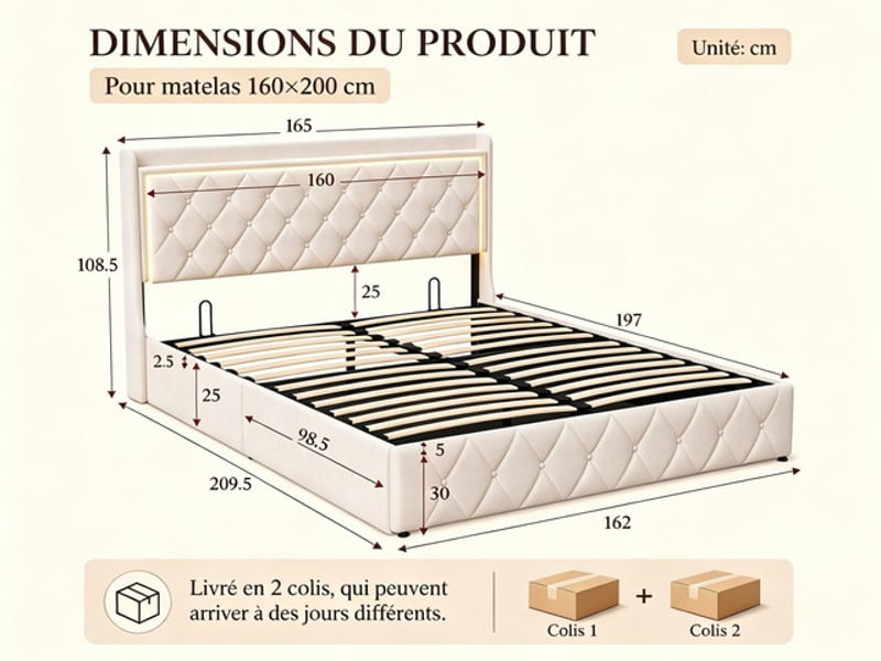  Lit coffre 160x200 cm ezssw, coloris beige  - Conforama C
