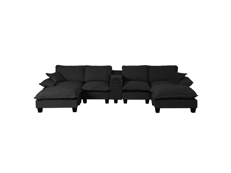  Canapé panoramique en u modulaire avec rangement et ports usb - 2 poufs, porte-gobelets, chenille noire  - Conforama A