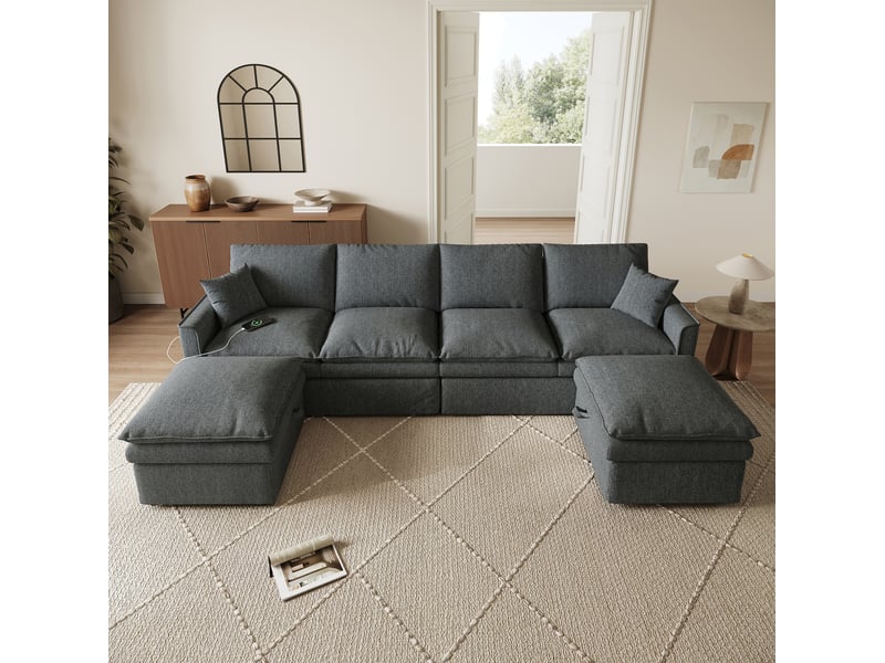  Canapé d'angle modulable modenvie 6 places en u ou en l avec 2 poufs mobiles dotés d'un rangement, tissu coton et lin gris, 277 x 135 x 80 cm  - Conforama E