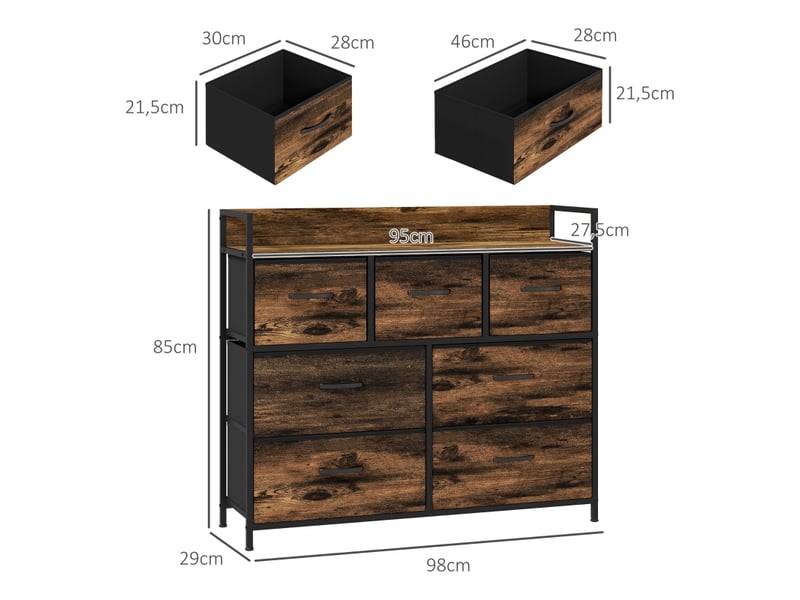  Commode à 7 tiroirs en tissu avec plateau de rangement pour salon 98×29×85 cm marron et acier  - Conforama E