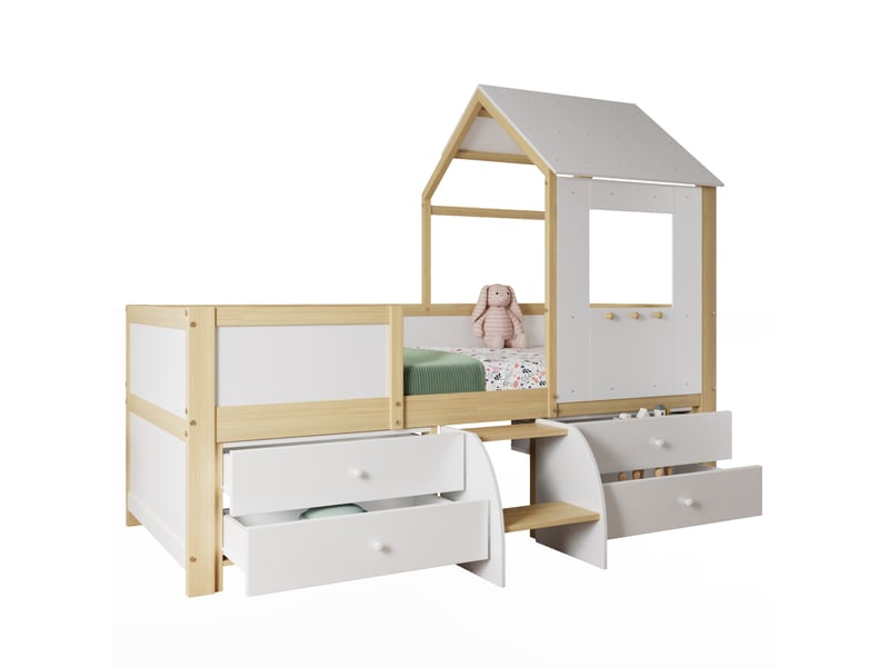  Lit enfant 90x200 cm, sommier, forme maison, garde-corps, tiroirs, bois, coloris blanc+naturel, sans matelas  - Conforama A
