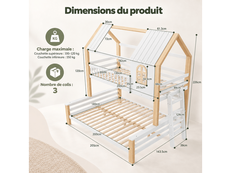 Lit superposé cabane 90x200140x200 cm, blanc et bois naturel Fay Lum - Conforama C