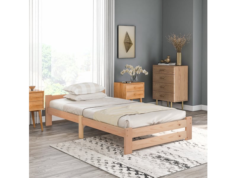  Lit simple 90x200 cm en bois de pin naturel avec tête de lit et sommier à lattes  - Conforama E