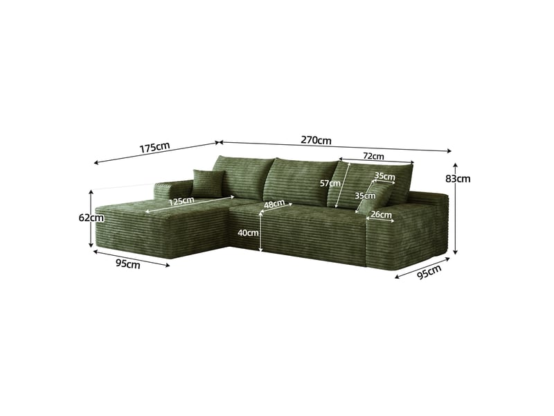  Canapé d'angle modulaire 3 places 270 cm en velours côtelé vert, méridienne gauche et assise profonde  - Conforama C