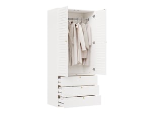 Armoire 2 portes à lamelles avec 3 tiroirs et penderie, 90 x 50 x 200 cm, blanche