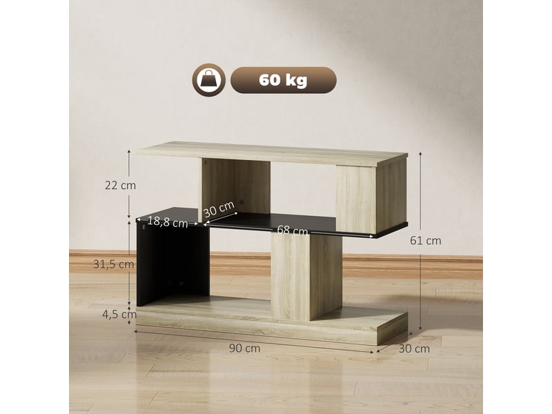  Table d'appoint en forme s, bout de canapé à 3 niveaux étagères de rangement, effet bois naturel noir, 90 x 30 x 61 cm  - Conforama C
