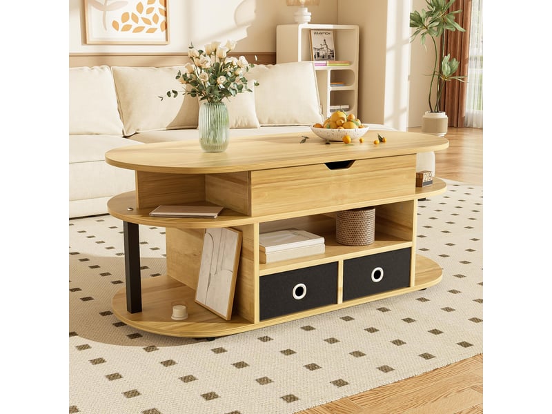  Table basse 105x50x45 cm, plateau relevable, 2 tiroirs en tissu, grand rangement, design moderne pour salon et bureau - noir et bois  - Conforama E