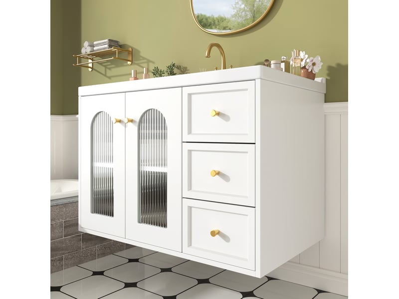 Meuble rangement suspendu 80 cm vasque ceramique blanc verre ondule salle de bain homvra - Conforama D