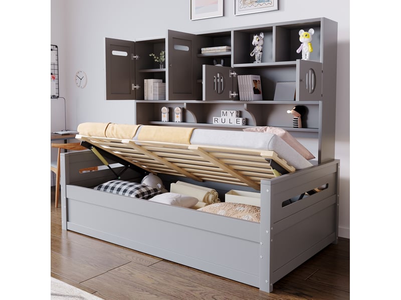  Lit avec coffre, 90x200 cm, système hydraulique, rangement sous le couchage, mobilier de chambre, bois, coloris gris  - Conforama B
