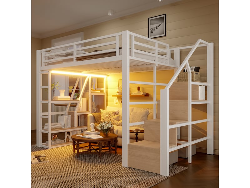  Lit mezzanine 140x200 cm coloris blanc led métal lit enfant blanc - Conforama D