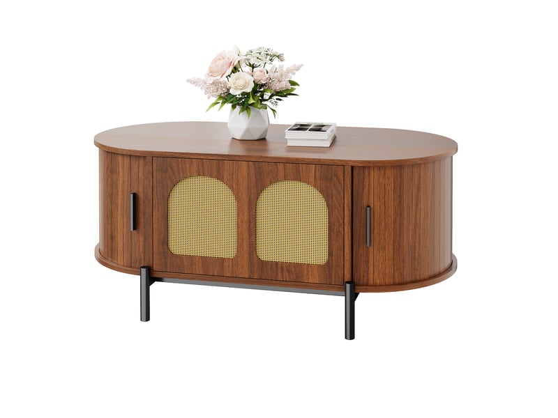  Table basse ovale 100x50x40 cm à portes coulissantes en mdf, rotin et métal noir noyer  - Conforama A