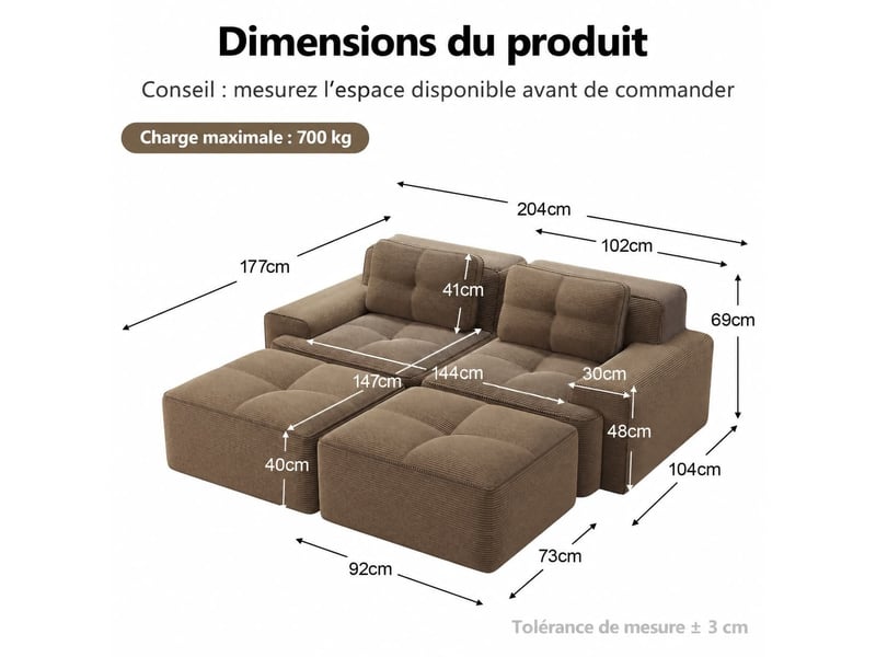  Canapé modulable en u avec poufs, toucher côtelé et confort généreux, sans montage, 69 × 204 × 177 cm, marron  - Conforama C