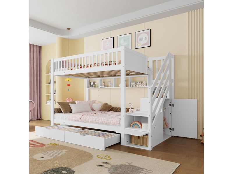  Lit superposé enfant blanc avec armoire, lit superposé 90x200 cm avec tiroirs et étagères, escalier de rangement sécurisé  - Conforama B