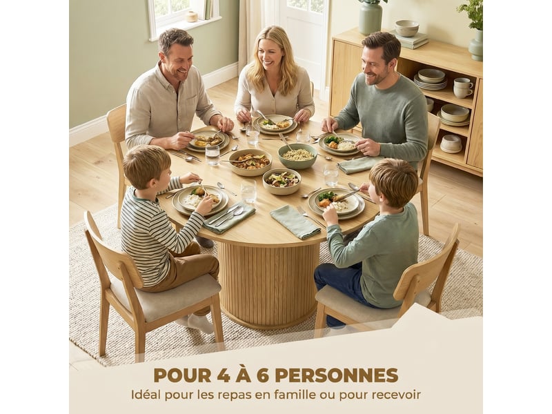  Table à manger ronde pour 4-6 personnes,  120 x 75 cm, bois naturel, table de cuisine avec base cylindrique cannelée  - Conforama A