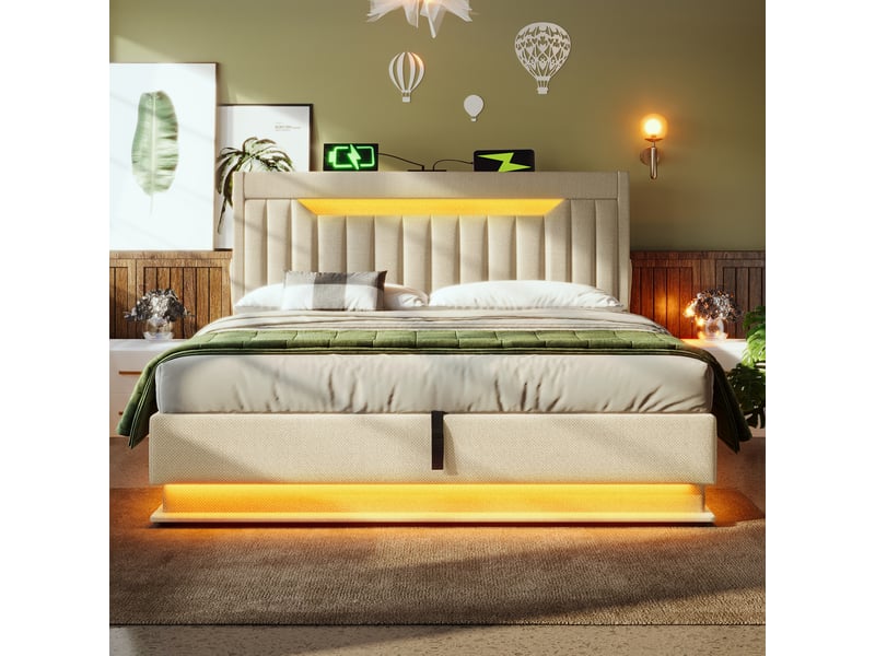  Lit double 140x200 cm avec coffre de rangement, tête de lit led et ports usbtype-c, tissu lin beige  - Conforama R
