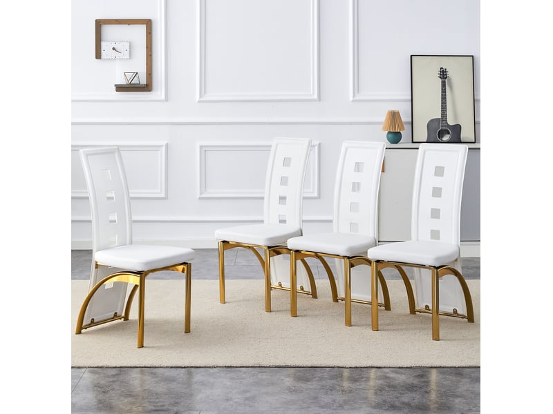Chaise de salle à manger lot de 4 avec dossier ajouré et assise rembourrée en polyuréthane blanc et métal doré - Conforama C